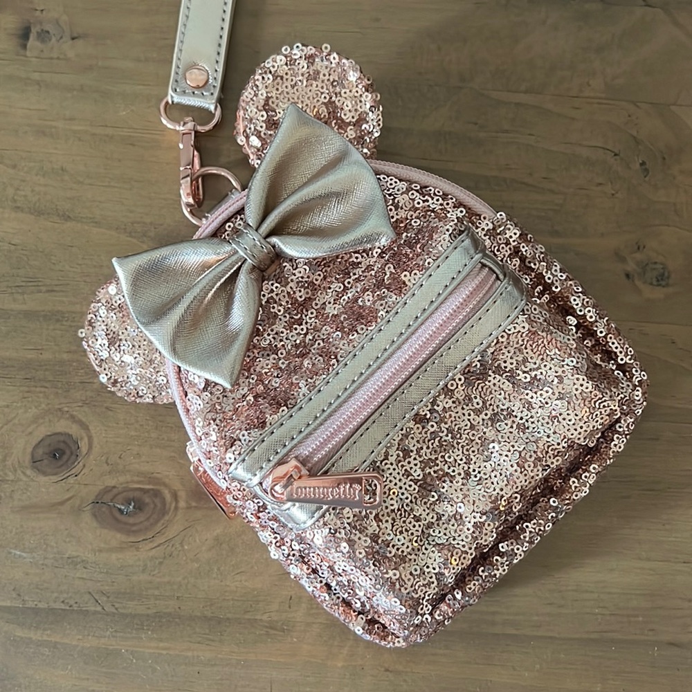 Disney Parks Loungefly Rose Gold Sequin Minnie Mouse Disney Mini Wristlet